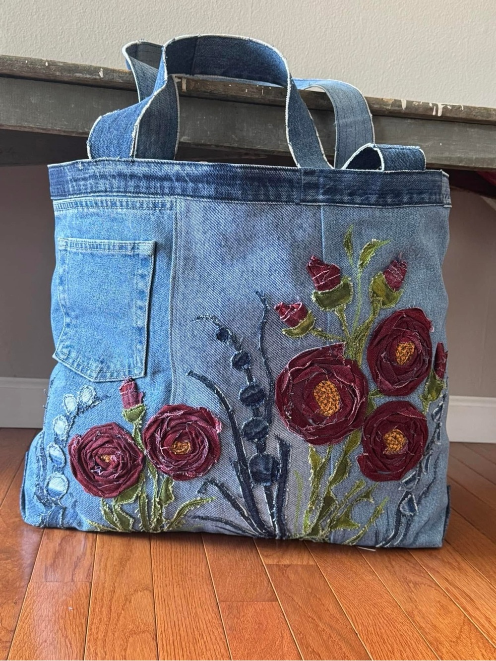 Handcrafted “Rose Garden” Denim Oversized Tote - Picture 3 of 16